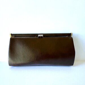 Vintage JR Brown Leather Push Lock Clutch Purse with Gold Tone Hardware